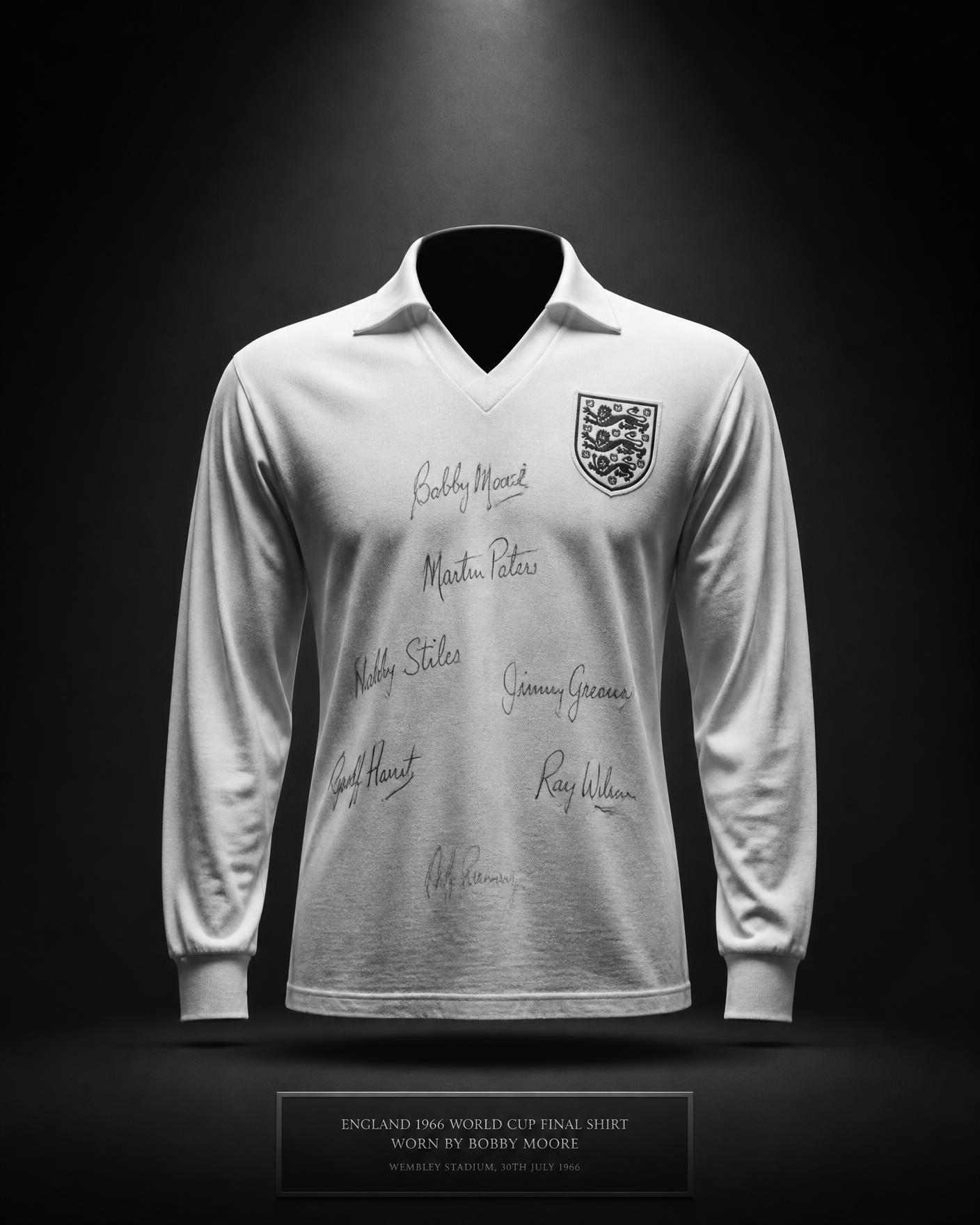 Signed vintage football shirt under museum lighting
